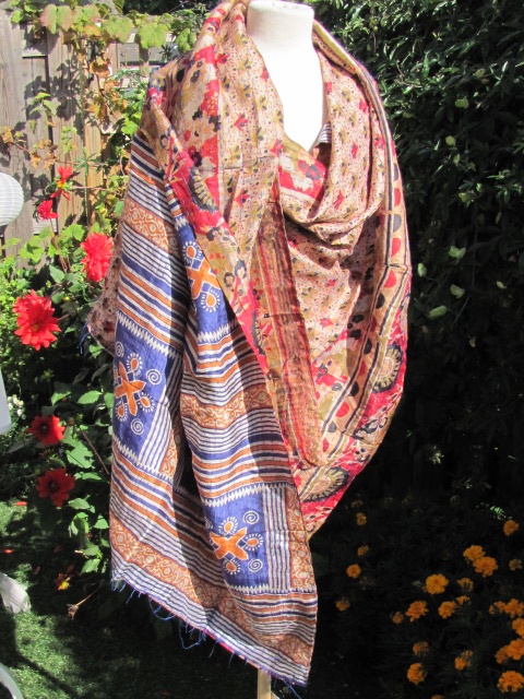 Silk Shawl Gudri Kantha stitching on upcycled silk sari's