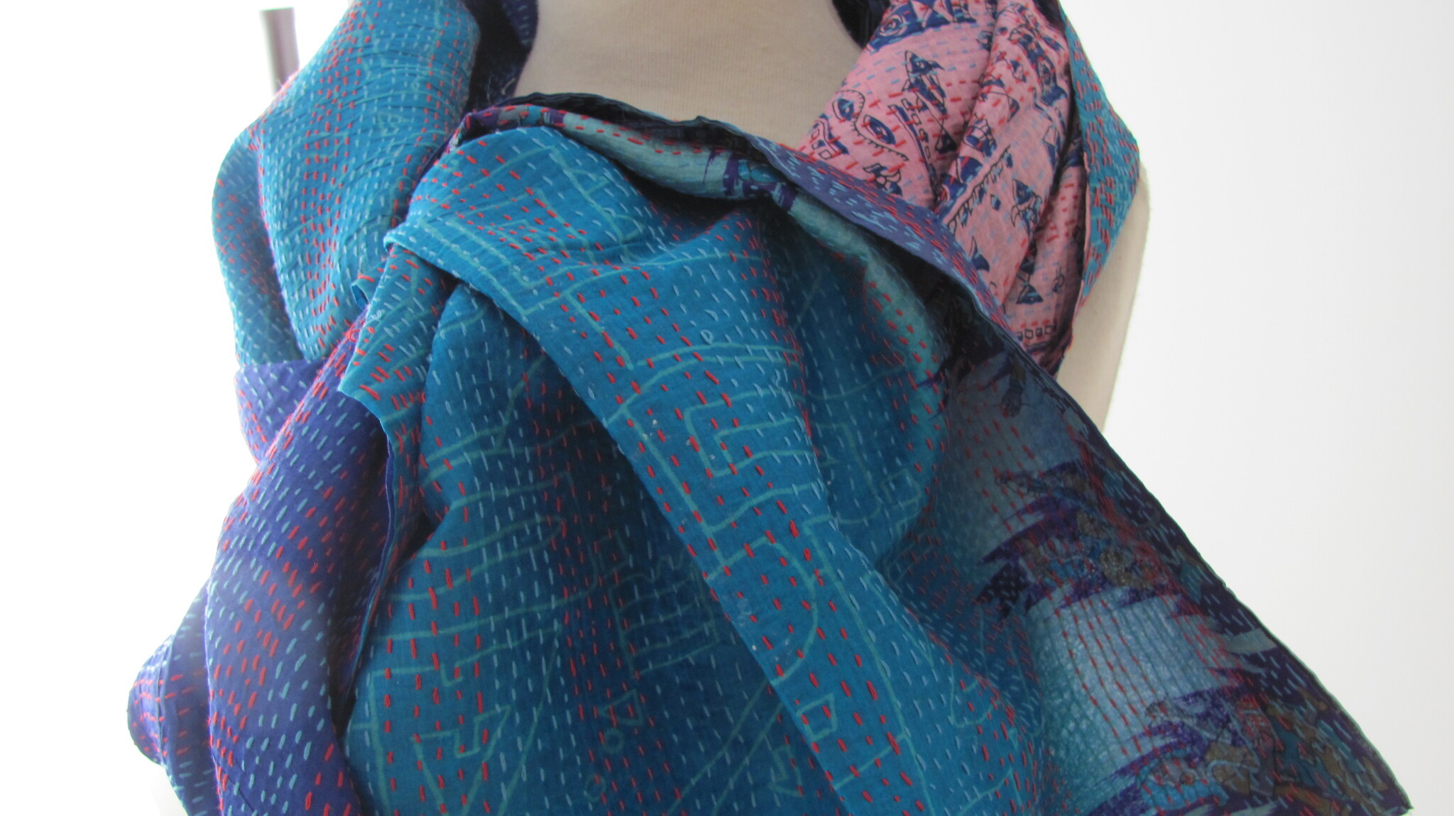 Silk Shawl Gudri Kantha stitching on upcycled silk sari's