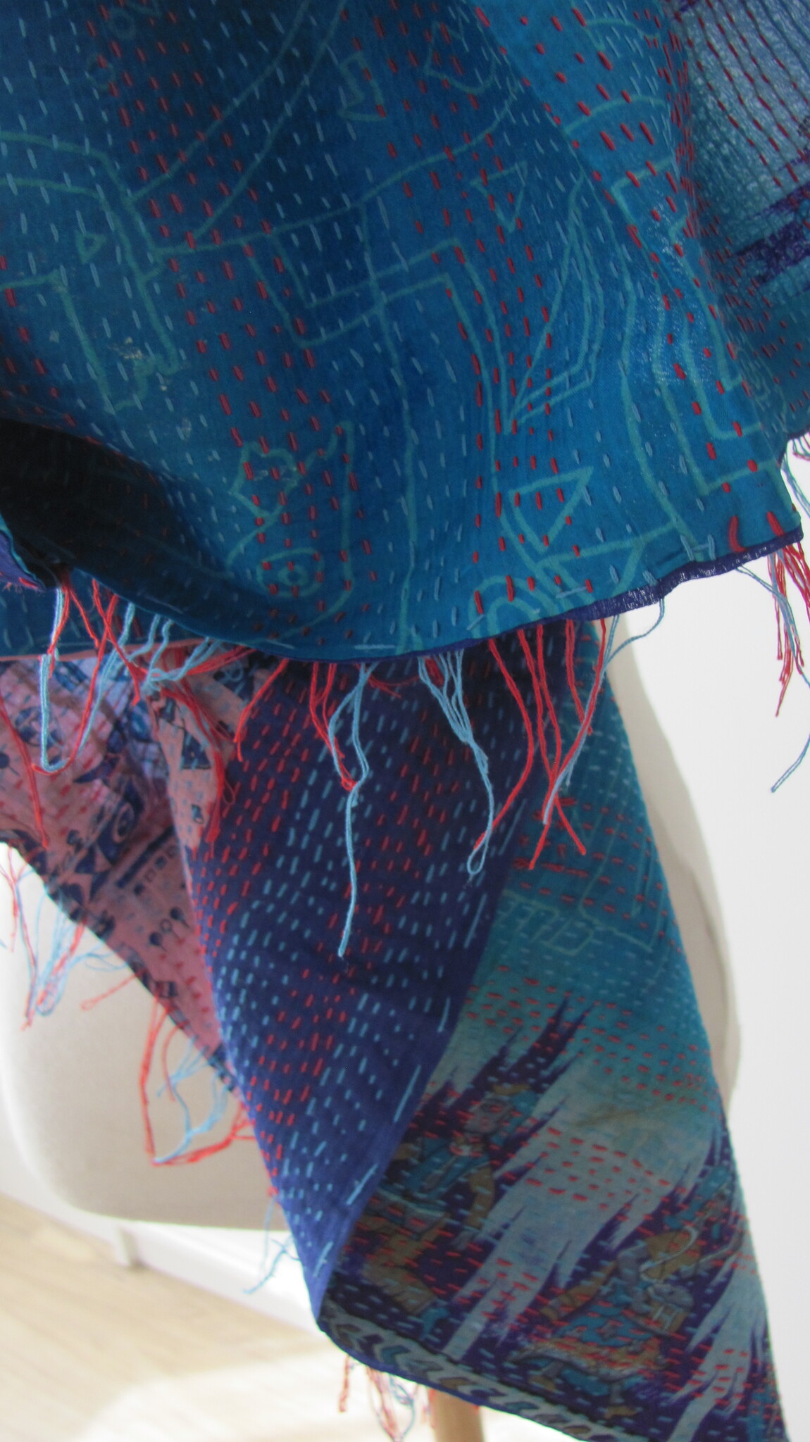 Silk Shawl Gudri Kantha stitching on upcycled silk sari's