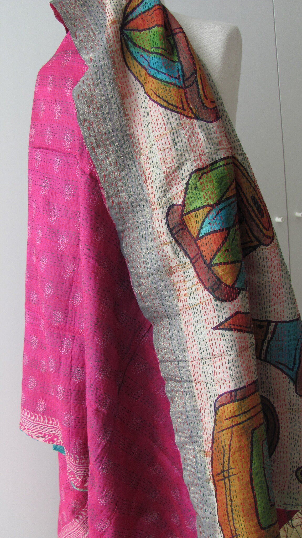 Silk Shawl Gudri Kantha stitching on upcycled silk sari's