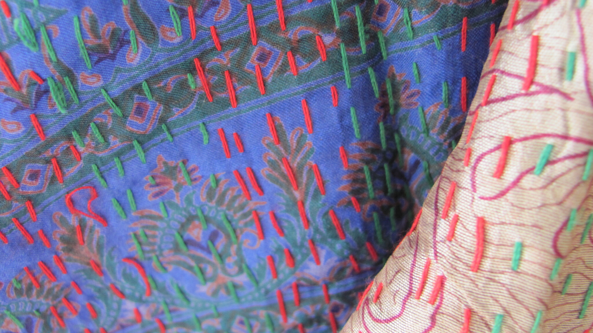 Silk Shawl Gudri Kantha stitching on upcycled silk sari's