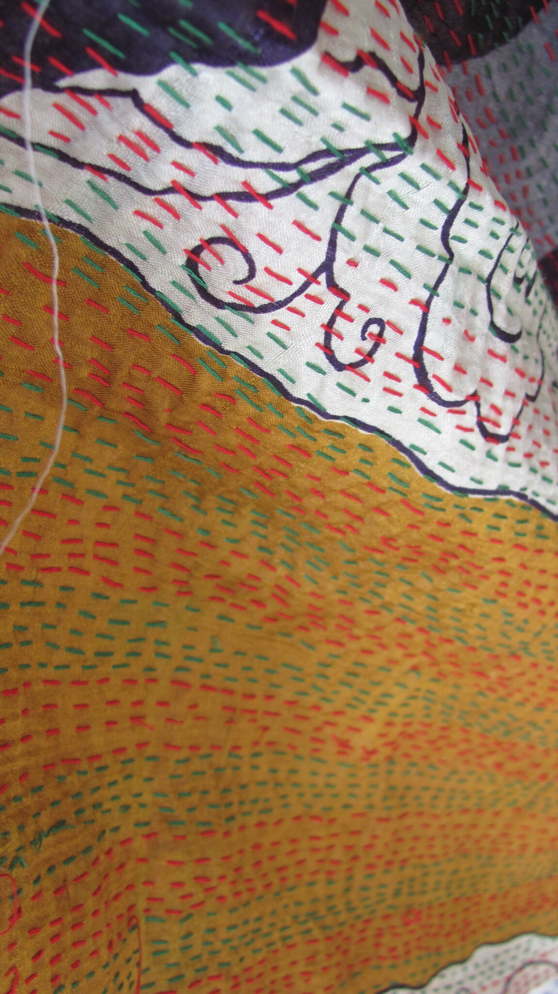 Silk Shawl Gudri Kantha stitching on upcycled silk sari's