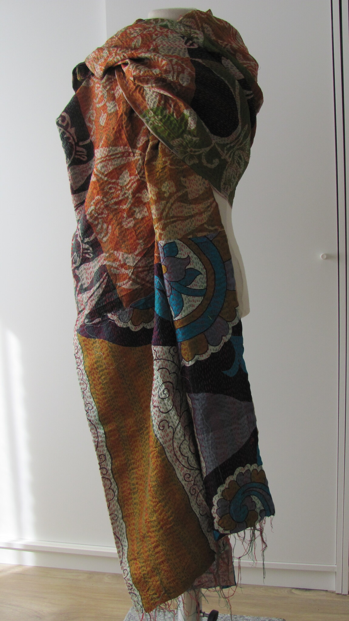 Silk Shawl Gudri Kantha stitching on upcycled silk sari's