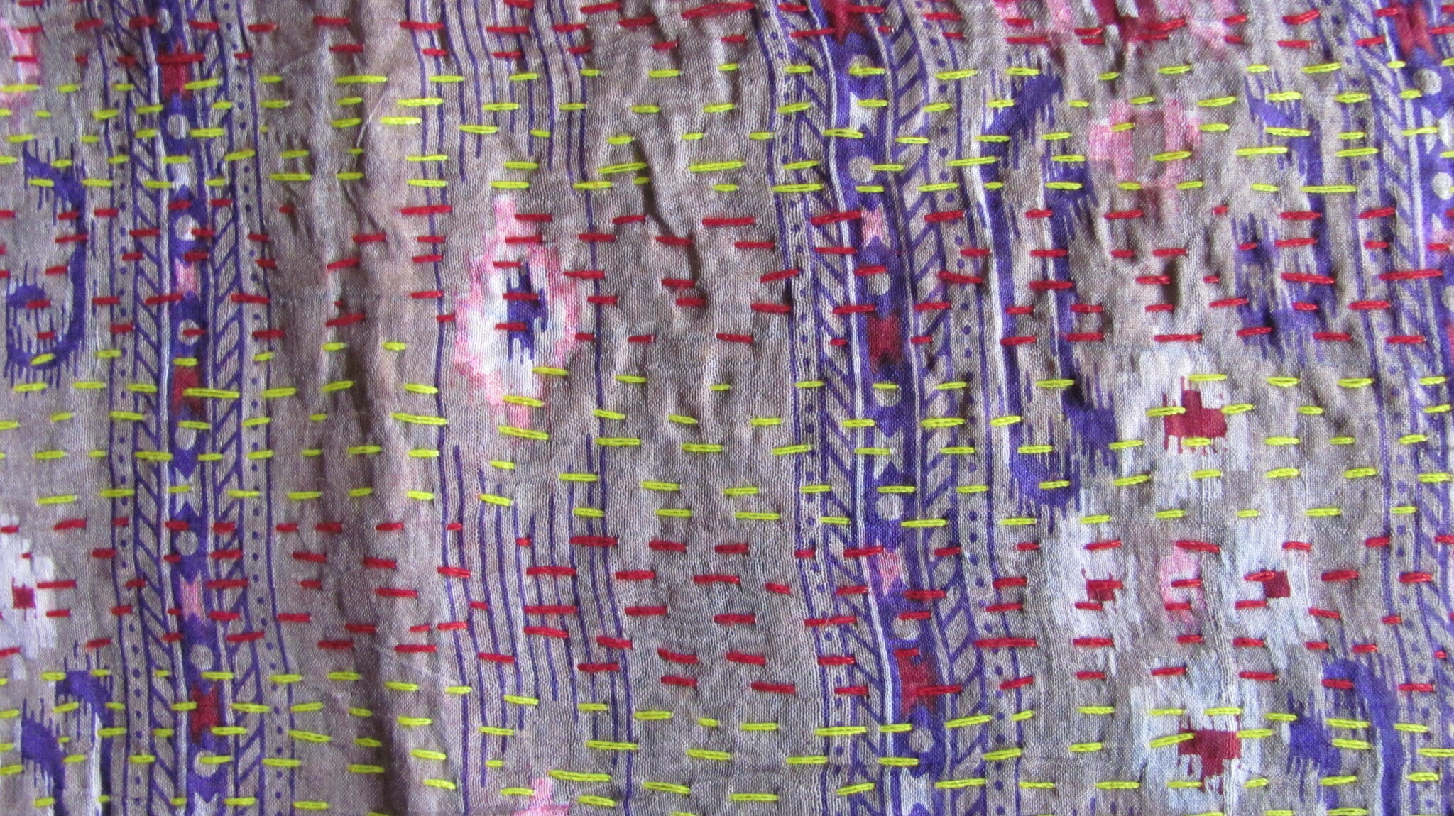 Silk Shawl Gudri Kantha stitching on upcycled silk sari's