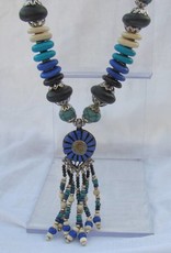 Necklace with beaded tassel and blue medallion