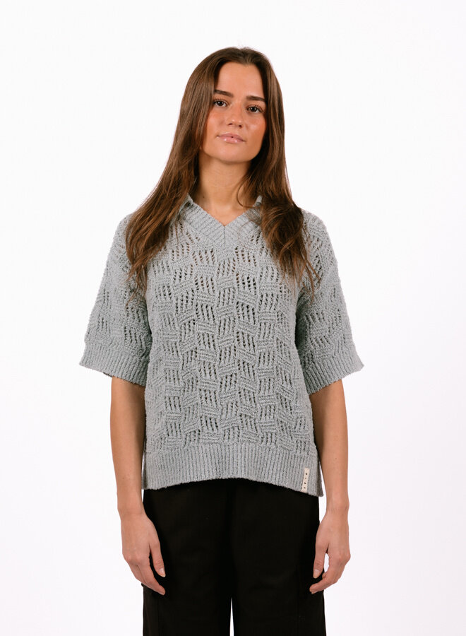 WMN Check Knitted Polo Light Blue