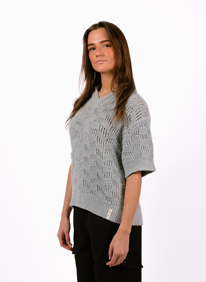 WMN Check Knitted Polo Light Blue