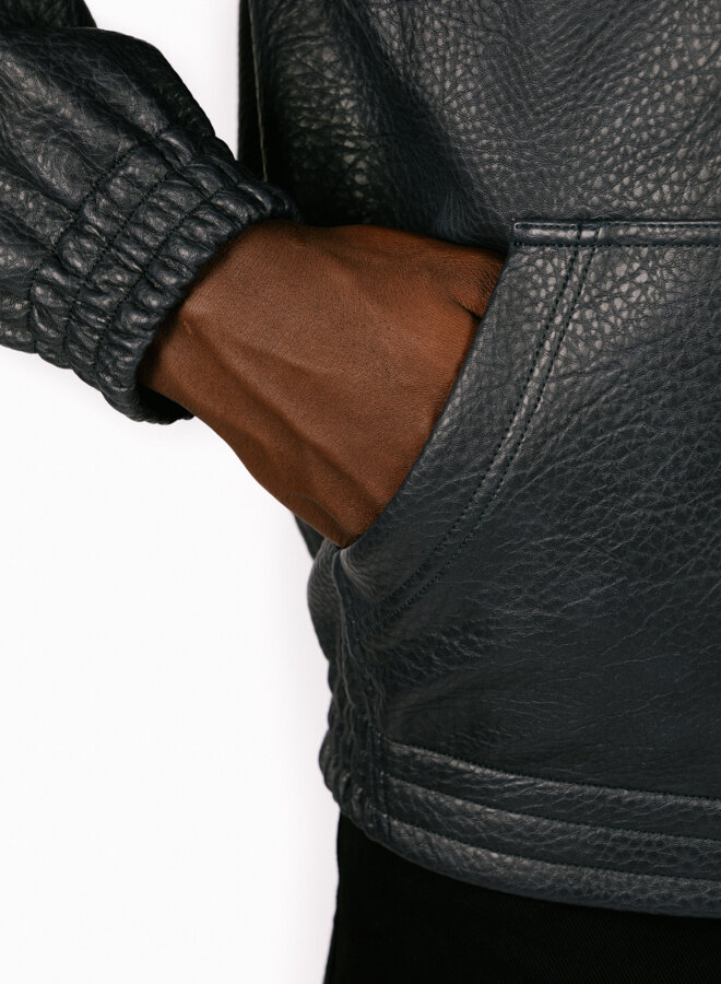 Leather Hooded Jacket Navy