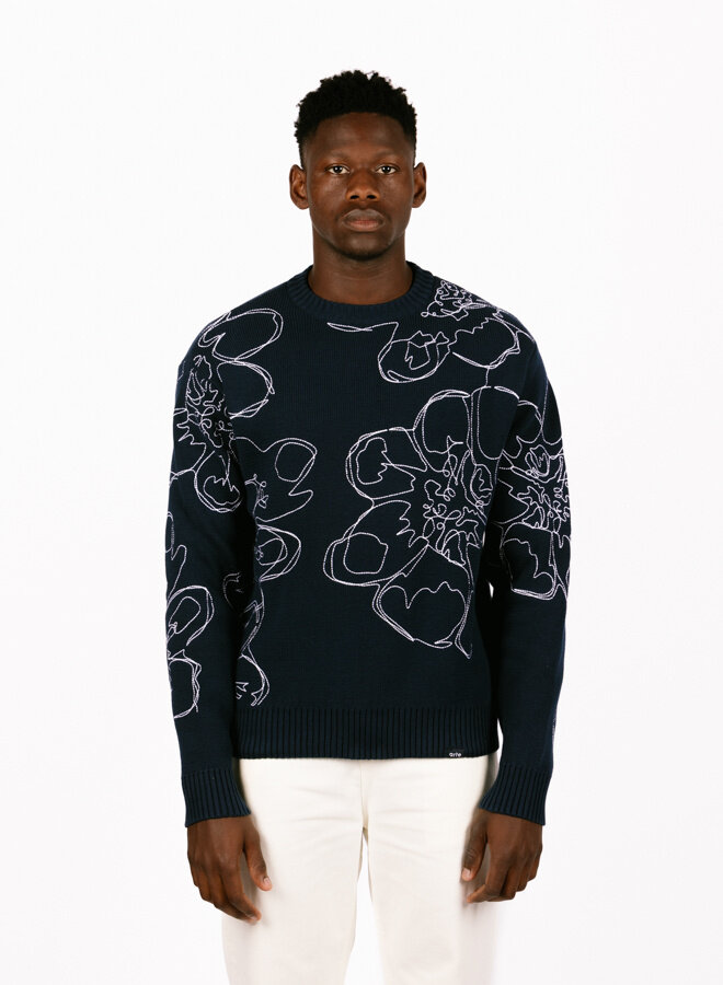 Embroidered Flower Knit Navy