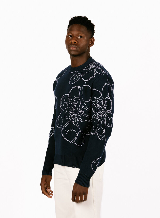 Embroidered Flower Knit Navy