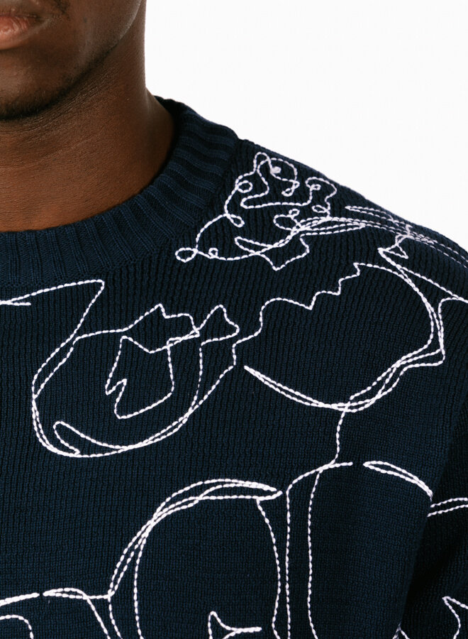 Embroidered Flower Knit Navy