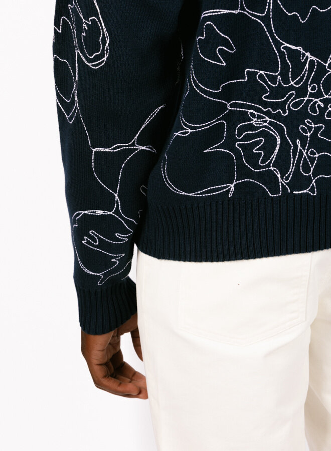 Embroidered Flower Knit Navy