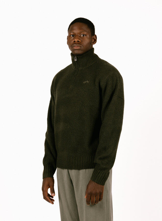 Signature Knitted Zip Mock Olive Night