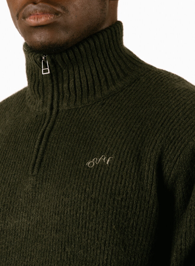 Signature Knitted Zip Mock Olive Night