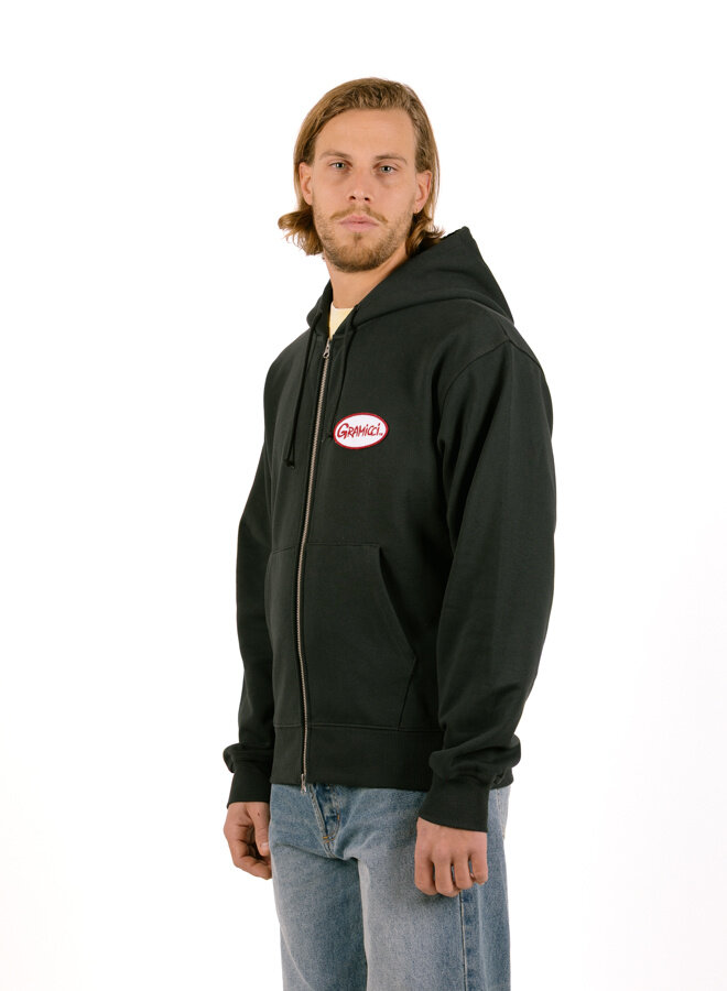 Oval Patch Zip Hooded Sweatshirt Vintage Black