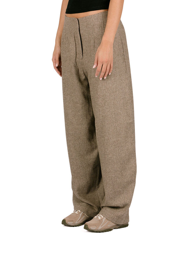 Wool Herringbone Barrel Leg Pant Chocolate Chip