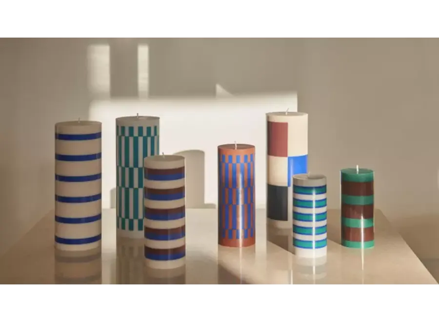 COLUMN CANDLE-MEDIUM-YELLOW, BROWN, LIGHT BLUE AND ARMY