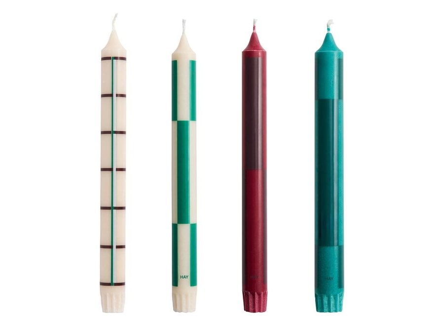 Pattern Candle // Greens and bordeaux, / Set of 4