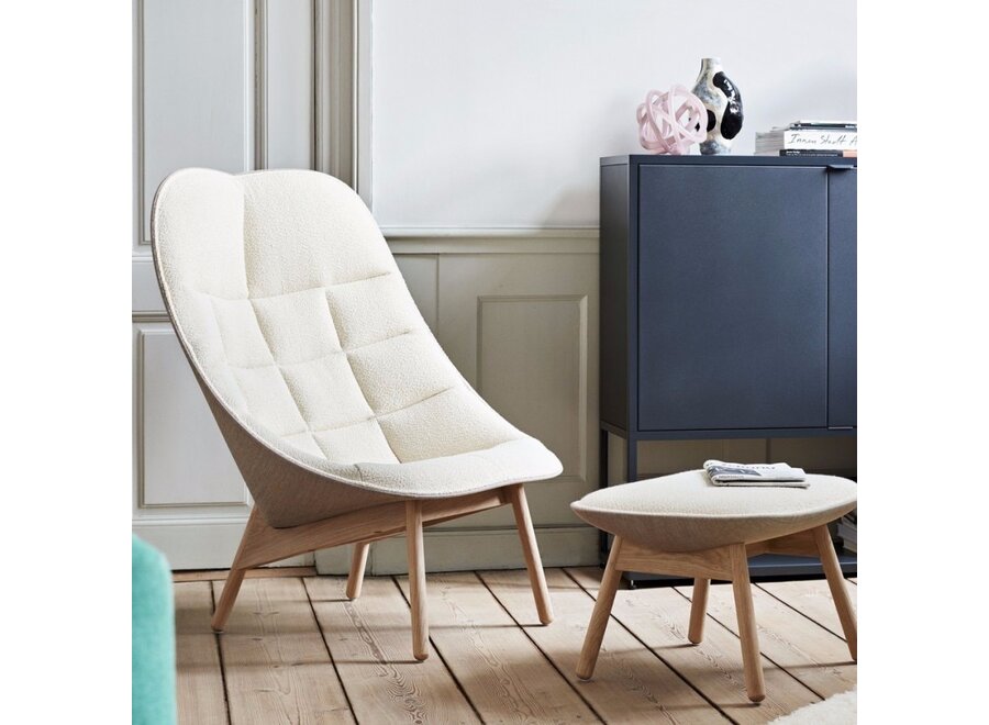 SHOWROOM // Uchiwa Ottoman / Oak Base / front Flamiber Cream A5 / back Canvas 244