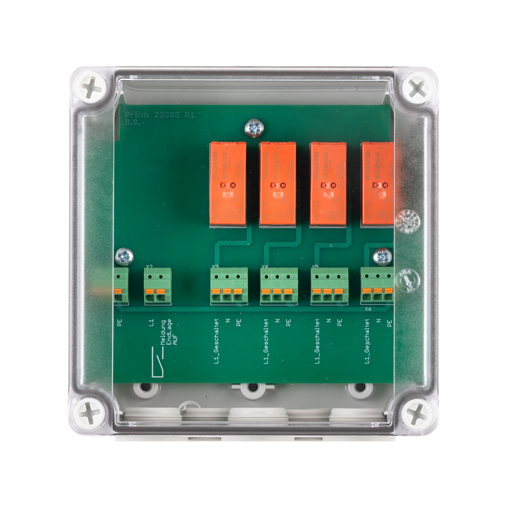 Coupling relay circuit board, 4-fold, potential-free changeover contact.
