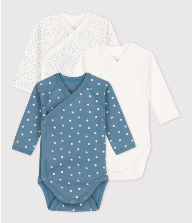 Petit Bateau set van 3 katoenen crossover rompers lange mouw A05HR blauw