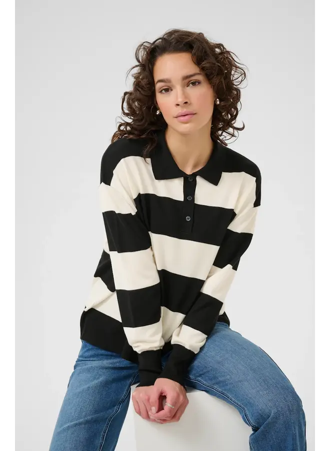 Lizza Striped Polo Pullover Black/Turtledove