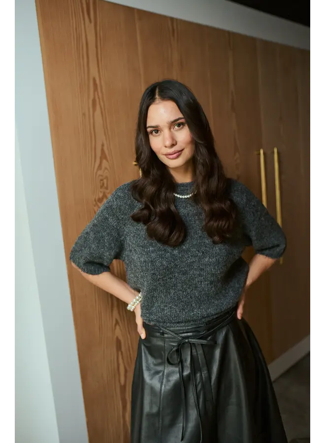 Emilie Cropped Knit Pullover Dark Grey Melange
