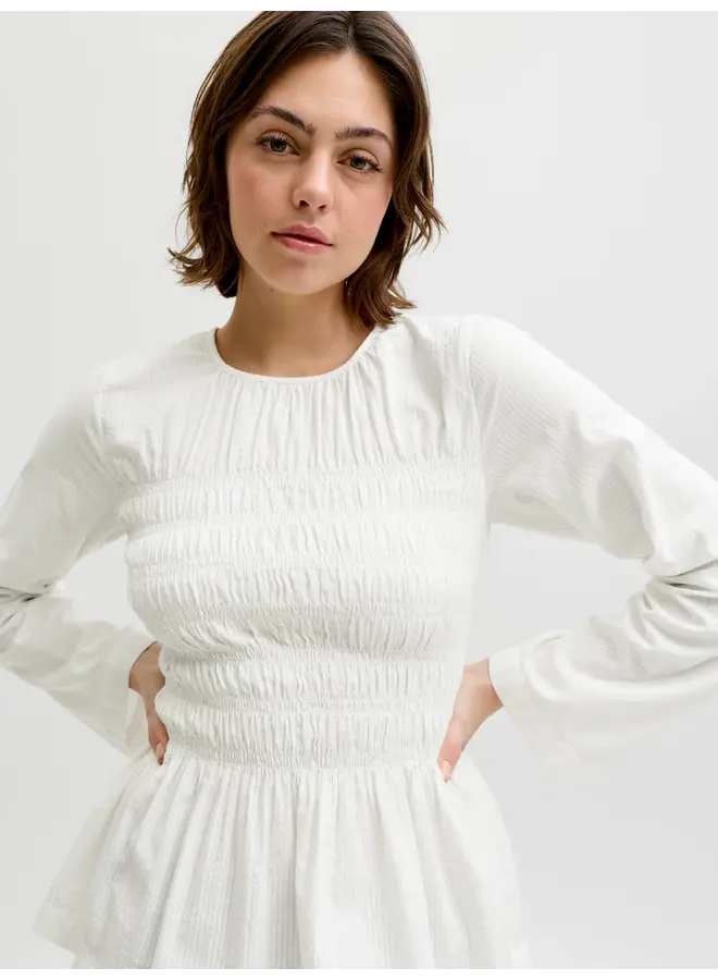 Lina Seersucker Smock Blouse Blanc