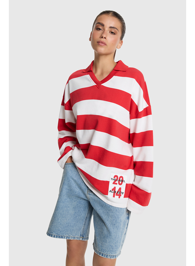 Block Stripe Polo Sweater Spicy Coral