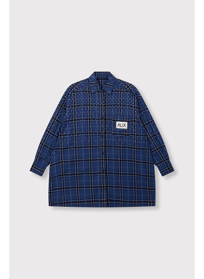 Studded Check Blouse Dress Dark Blue