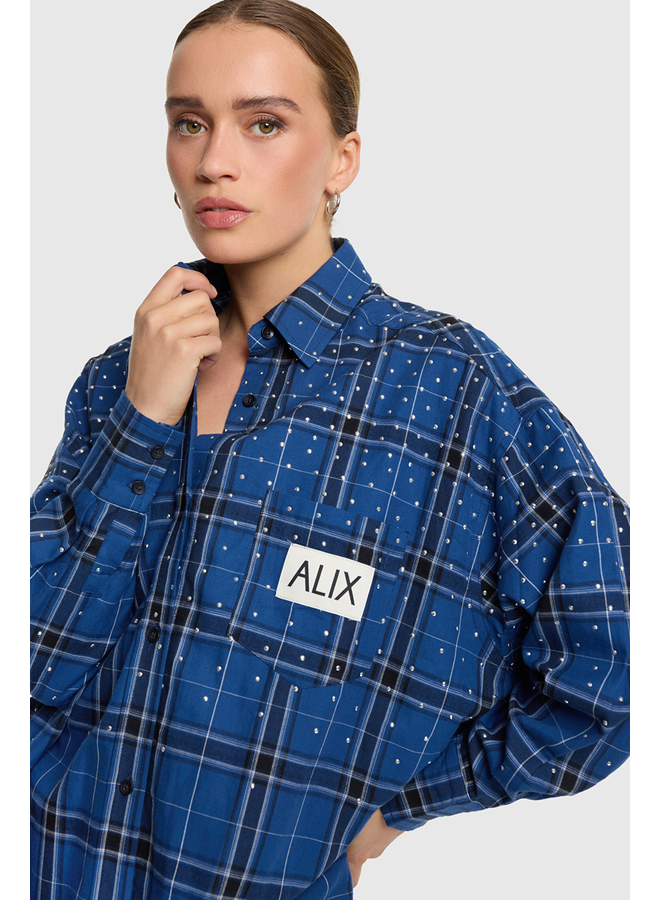 Studded Check Blouse Dress Dark Blue