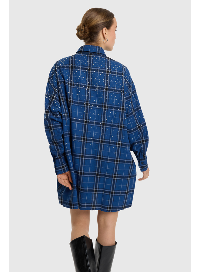 Studded Check Blouse Dress Dark Blue