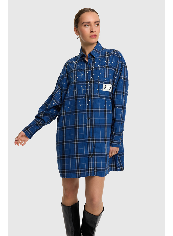 Studded Check Blouse Dress Dark Blue
