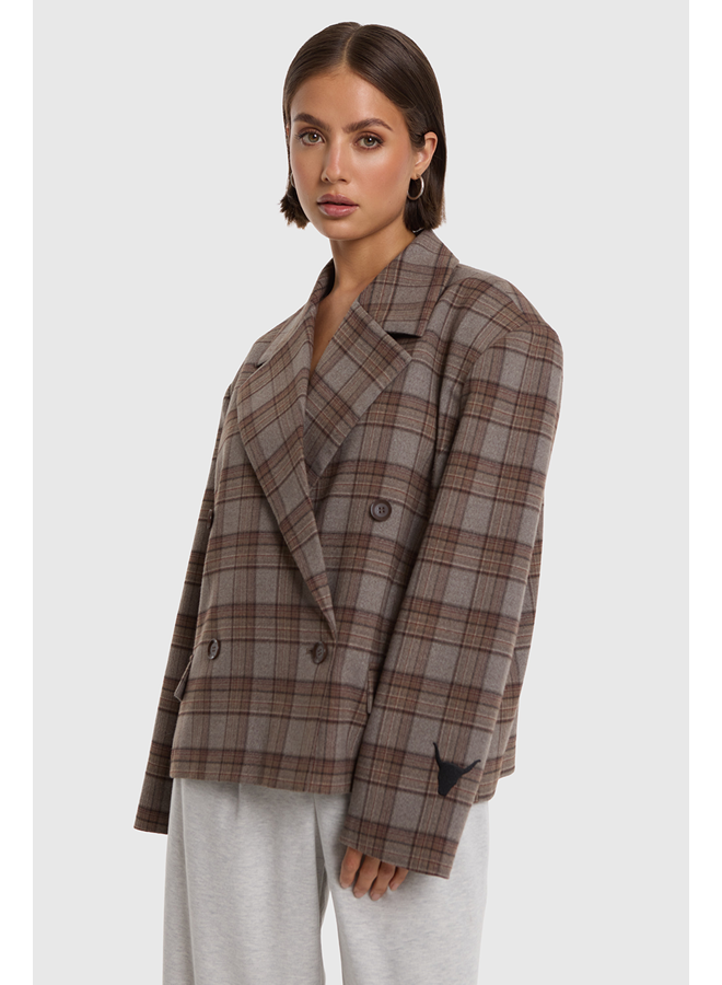 Cropped Check Blazer Warm Brown
