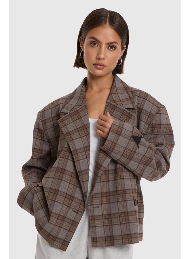 Cropped Check Blazer Warm Brown