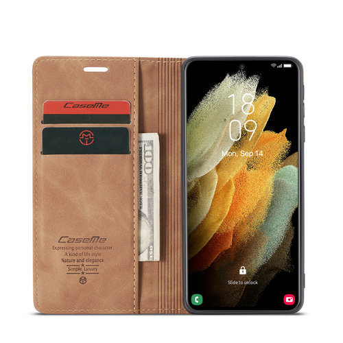  CaseMe Retro Wallet Slim voor S21 Ultra L.Bruin 