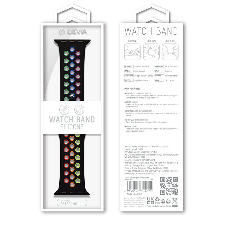 Apple Watch 42/44/45/49mm Bracelet Sport Noir+Rainbow - Bracelet Sport2 Série Deluxe