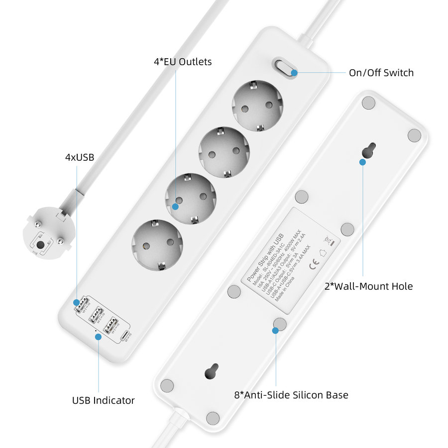 Multiprise à charge rapide + USB-A + USB-C