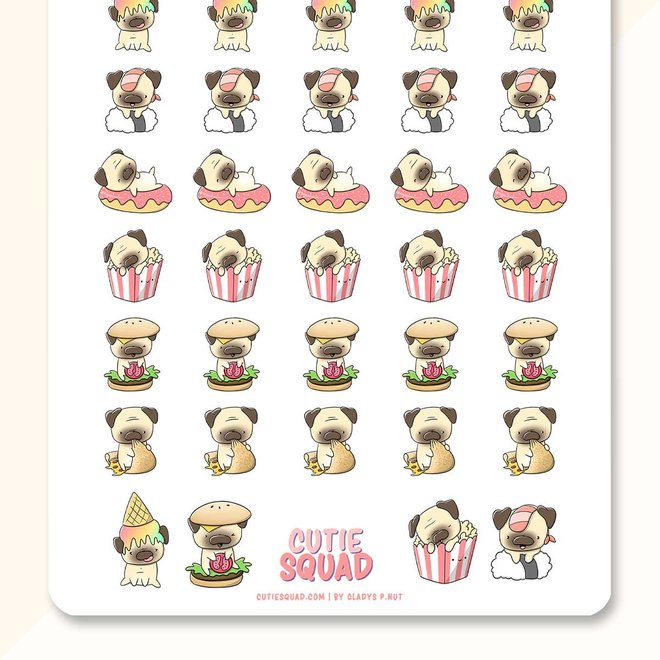 CutieSquad Stickervel - Pugs eating food