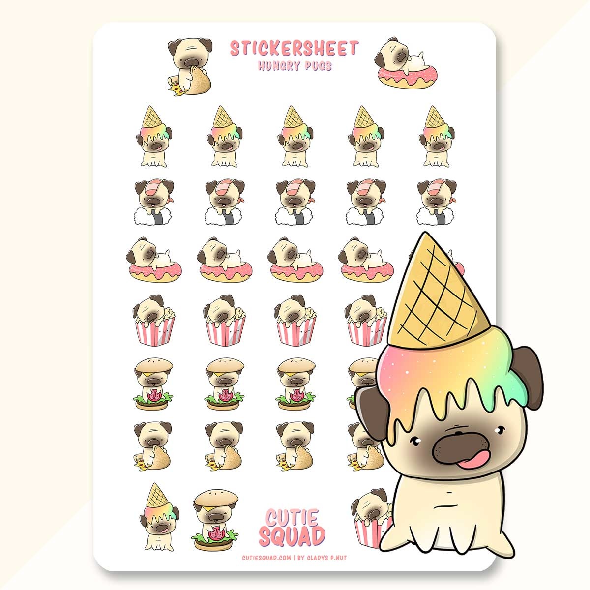 CutieSquad Stickervel - Pugs eating food