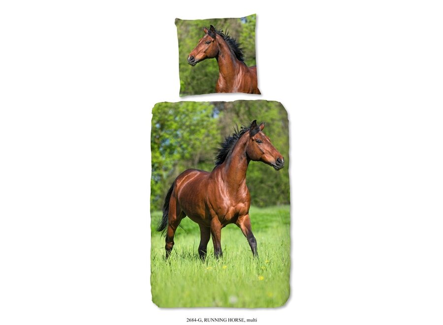 Dekbedovertrek bruin paard in de wei - 140x220  + 60x70 cm - katoen