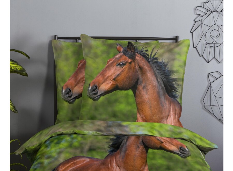 Dekbedovertrek bruin paard in de wei - 140x220  + 60x70 cm - katoen