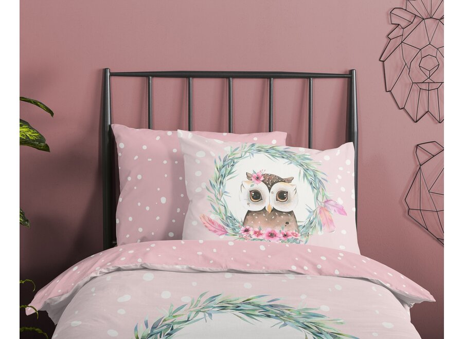 Good Morning dekbedovertrek uil roze - katoen - 140x220 + 60x70 cm