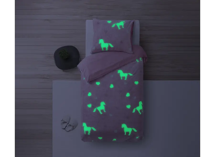 Fleece dekbedovertrek - Glow in the dark - Unicorn  - Roze - 140x220 + 60x70 cm