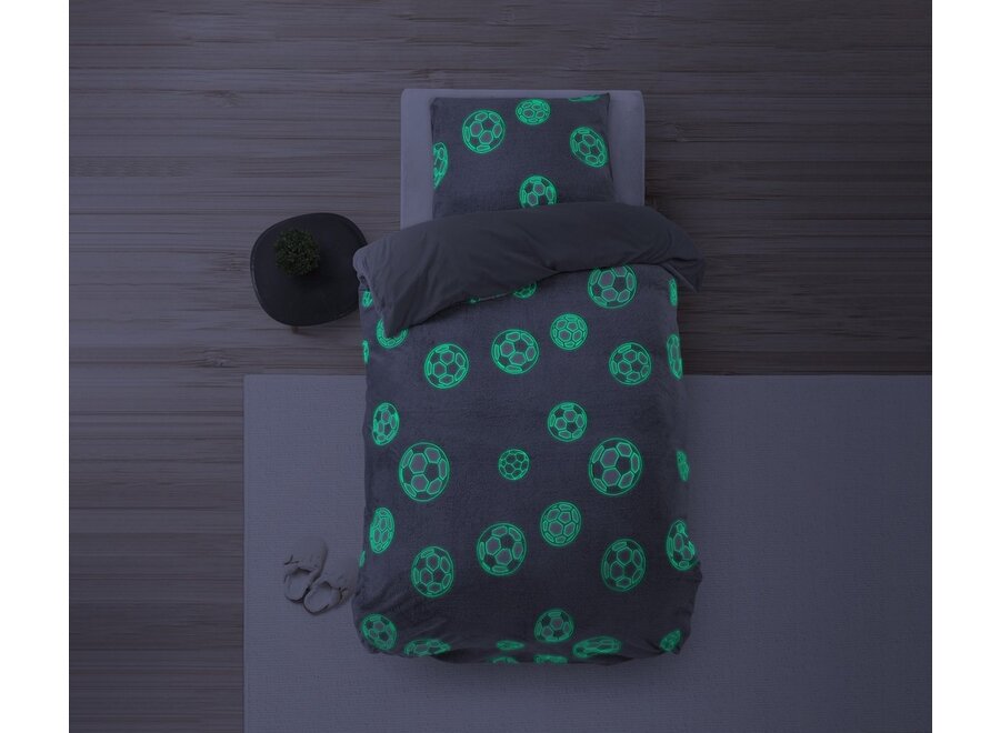 Fleece dekbedovertrek - Glow in the dark - Soccer - Grijs - 140x220 + 60x70 cm