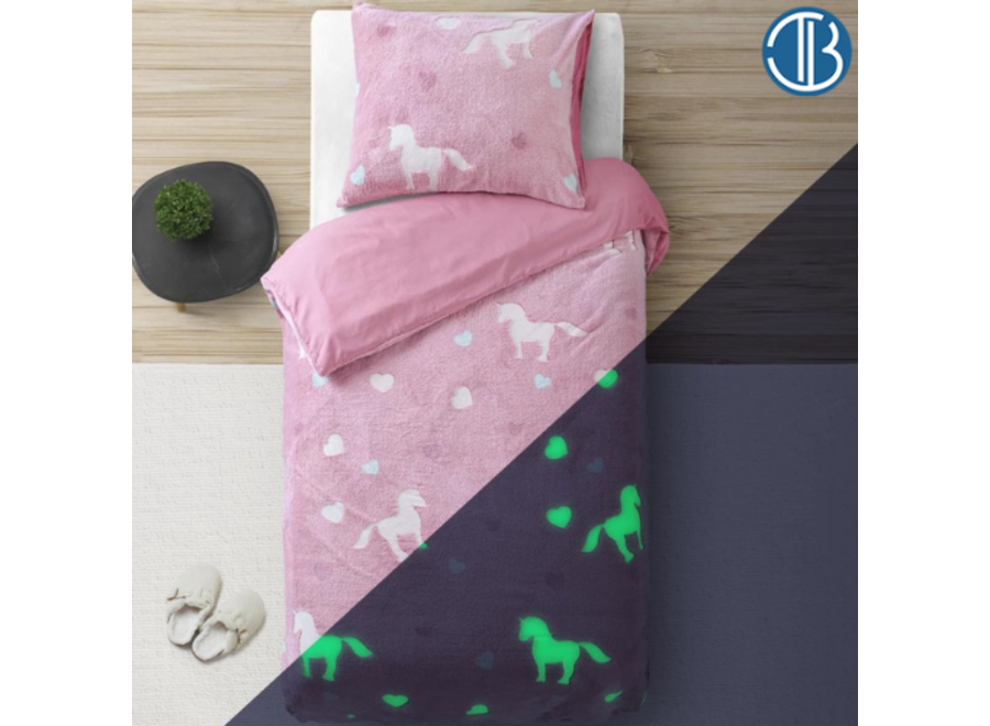 Fleece dekbedovertrek - Glow in the dark - Unicorn  - Roze - 140x220 cm