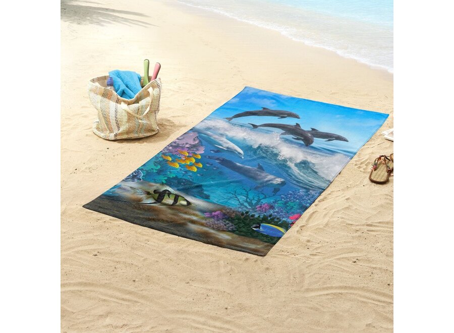 Handdoek dolfijnen & vissen - polyvelours - 75x150 cm
