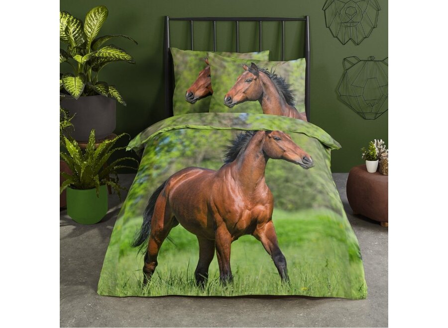 Dekbedovertrek bruin paard in de wei - 140x220  + 60x70 cm - katoen