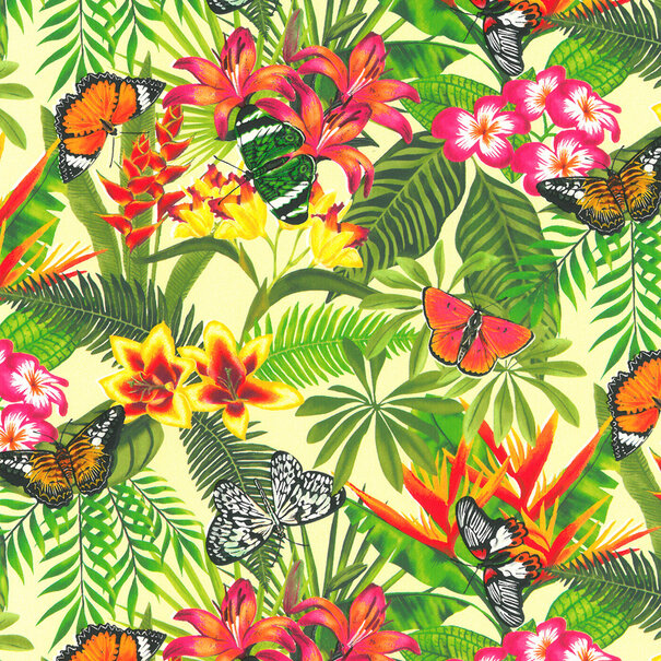 Levertijd ca. 5 werkdagen Inpakpapier Jungle Bloemen vlinders 50cm x 200mtr