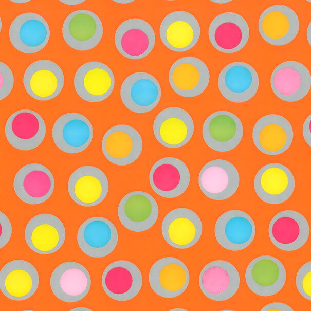 Levertijd ca. 5 werkdagen Inpakpapier Oranje + multicolour stippen 50cm x 200mtr